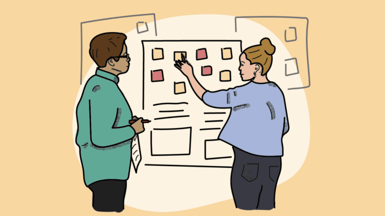 an illustration of two people looking at post-it notes on a wall