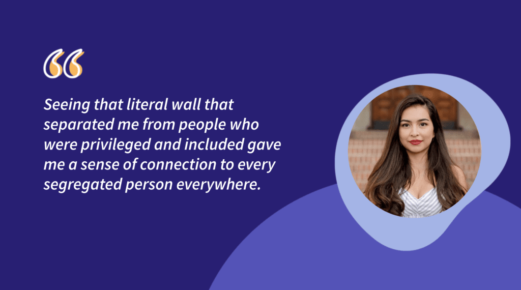 A picture of Brenda and a quote from the story on a purple background