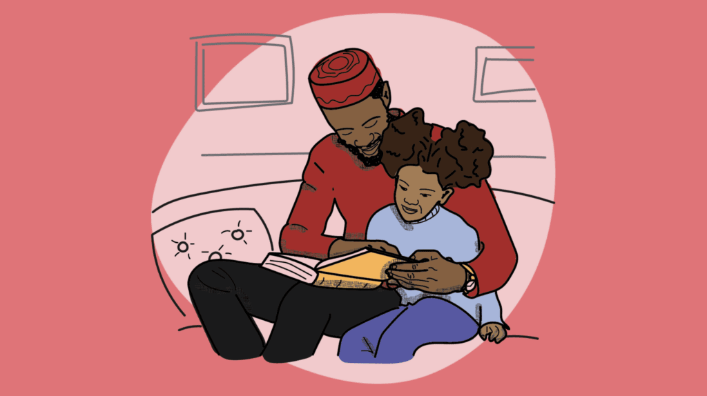 an illustration of a family against a red background