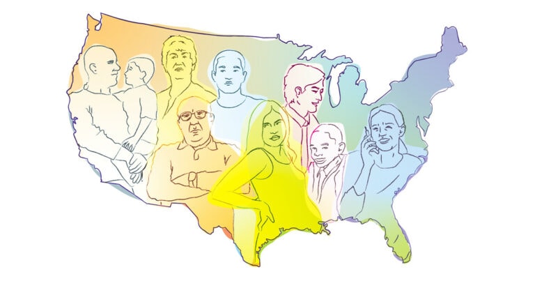 Illustration of a group of people within a silhouette of the contiguous US states