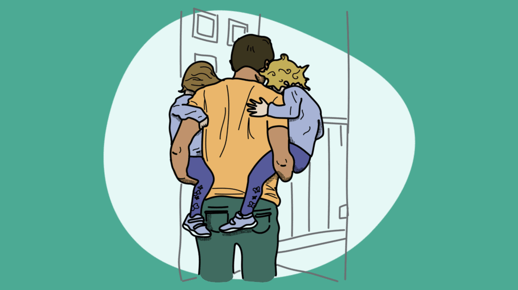 An illustration of a father carrying two children