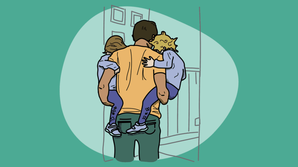 An illustration of a father carrying two children