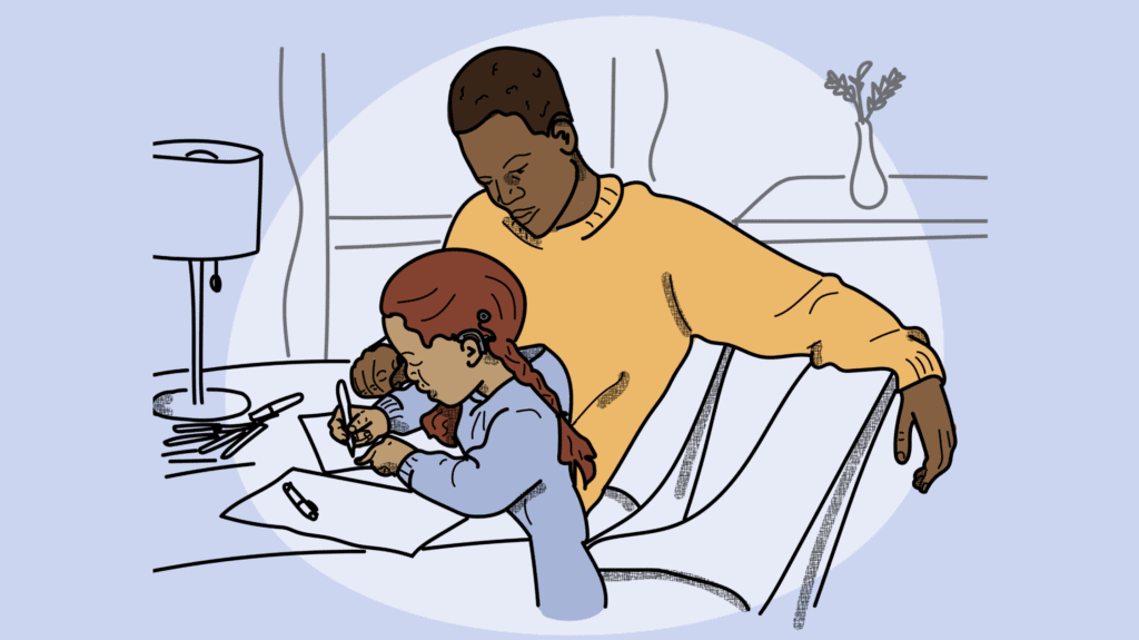 An illustration of a dad and child sitting at a table writing