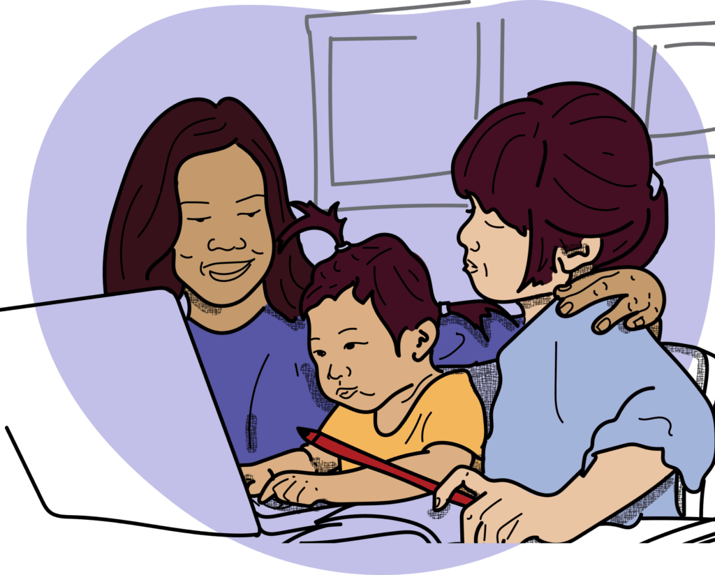 Illustration of a family seated around a laptop computer
