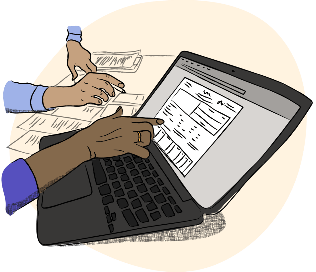 Illustration of hands, a laptop computer, and some paperwork