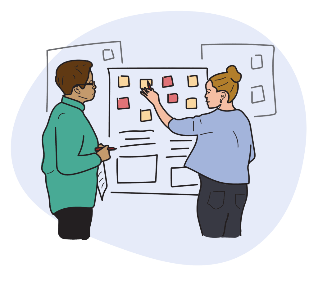 Illustration of two people placing sticky notes on a wall