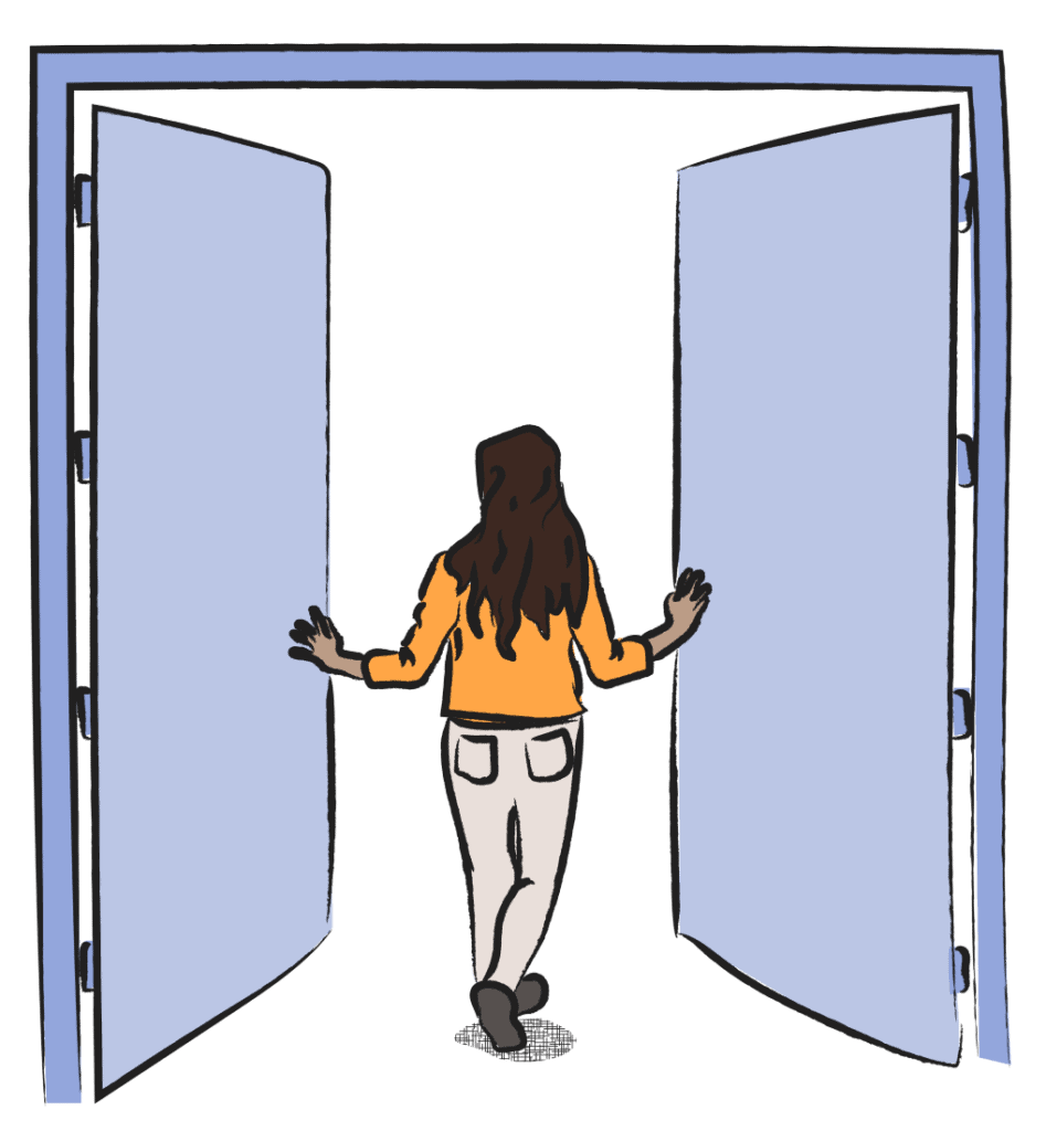 Illustration of a person walking through open doors