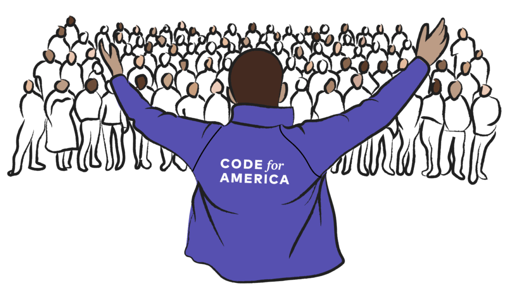 Illustration of a figure in the foreground with wide extended arms in front of a group of people