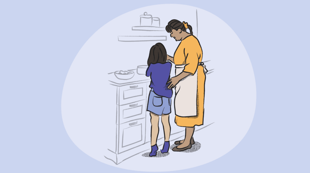 an illustration of a mother and child cooking