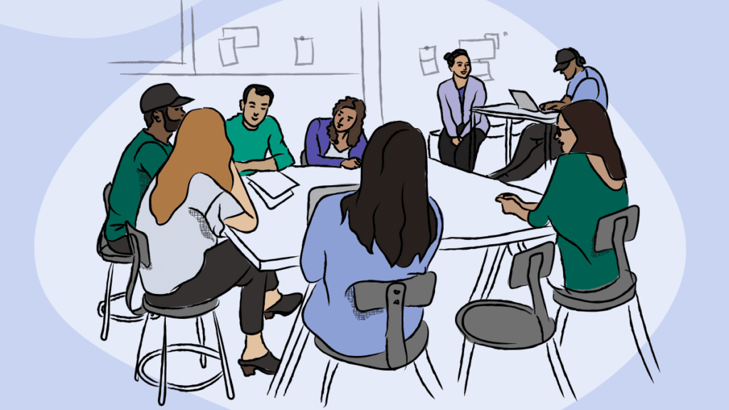 an illustration of people working together around a table