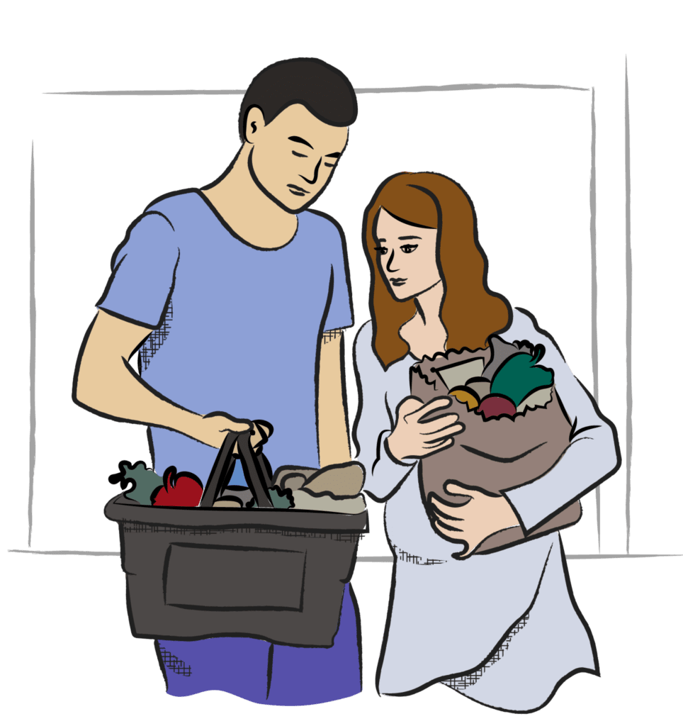 Illustration of a couple carrying groceries