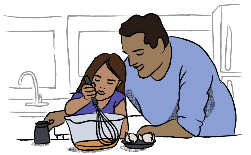 Illustration of an adult and child cooking together