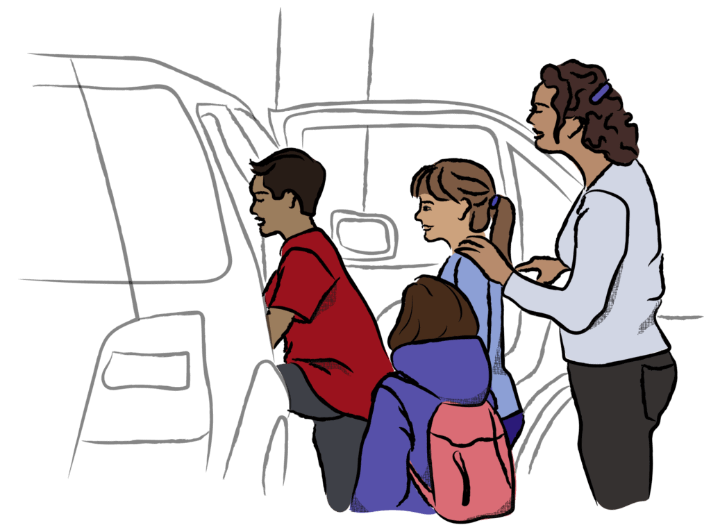Illustration of an adult helping three kids into a car