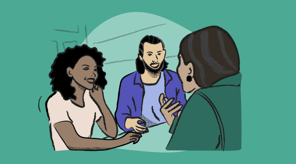 an illustration of three people talking