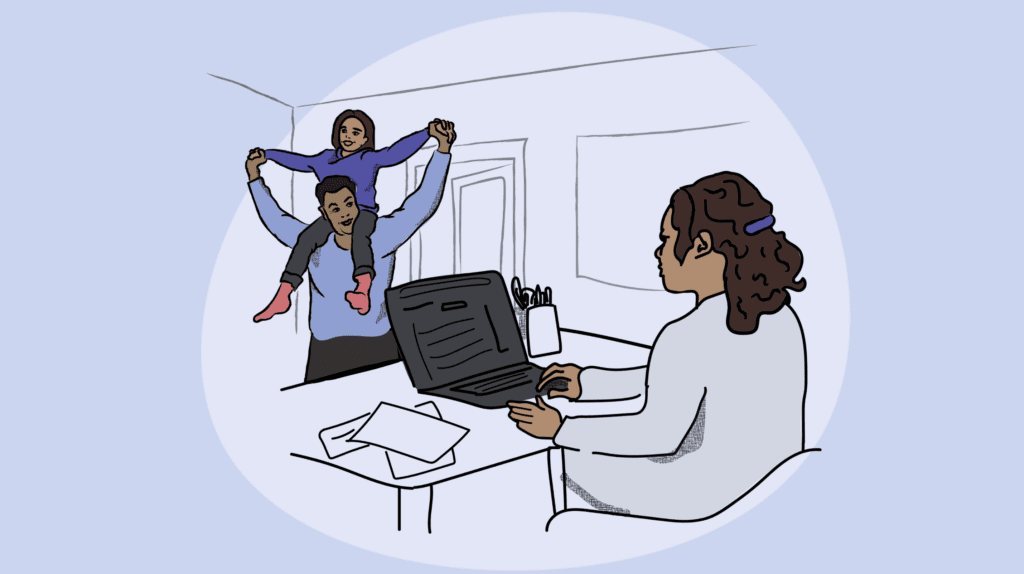 an illustration of a mother on a computer and a dad with a child