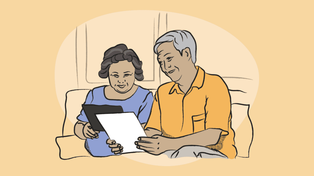 an illustration of an older couple with paperwork