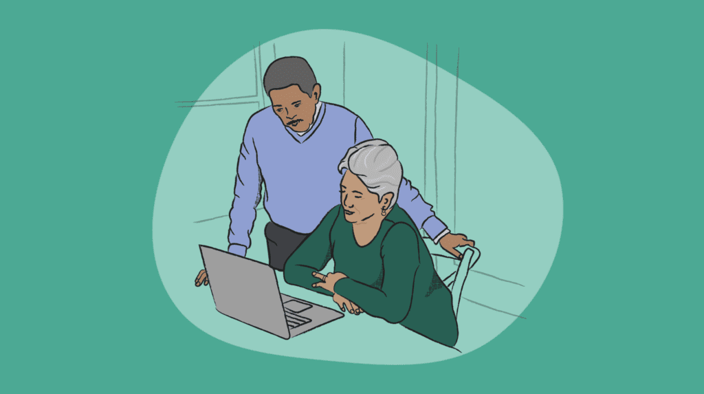 an illustration of two people at a computer