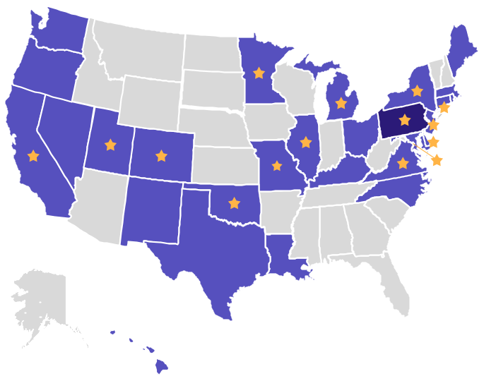 Map showing the Automatic Record Clearance landscape, indicating states where Code for America has advised on either policy and/or implementation, other states with automatic record clearance policies, and states where automatic record clearance policy has been passed. We have provided automatic record sealing policy design and implementation support in more than 20 states including 13 of the 14 states and DC that have passed Clean Slate laws.