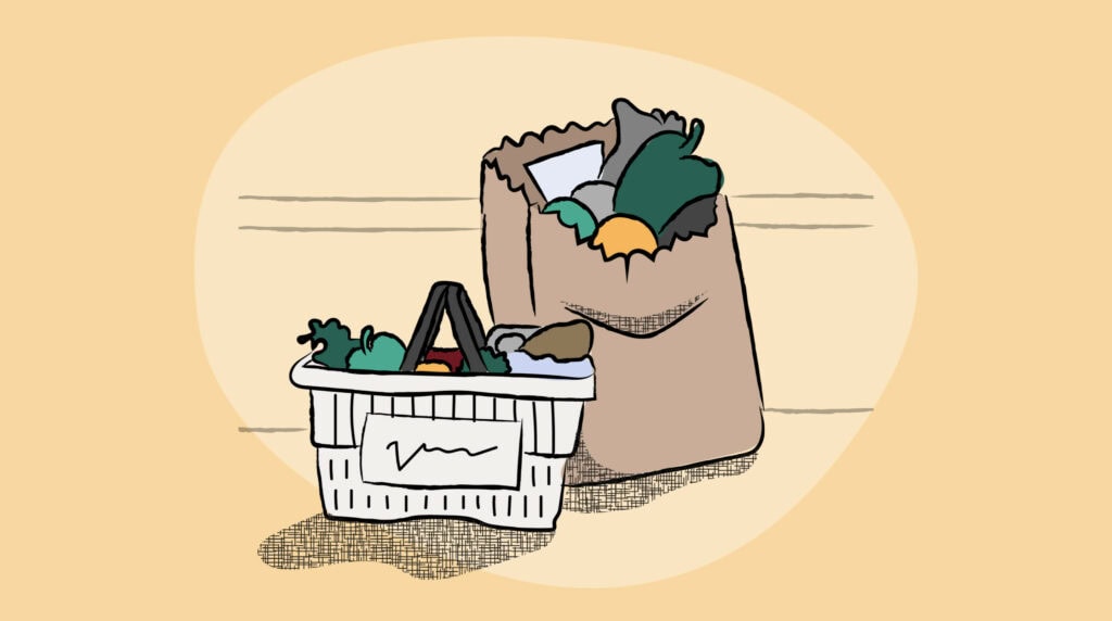 An illustration of a grocery basket and grocery bag filled with food