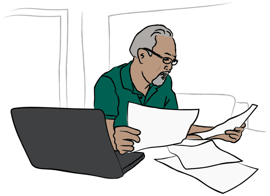 Illustration of a person at a desk with a laptop computer and sorting through some papers