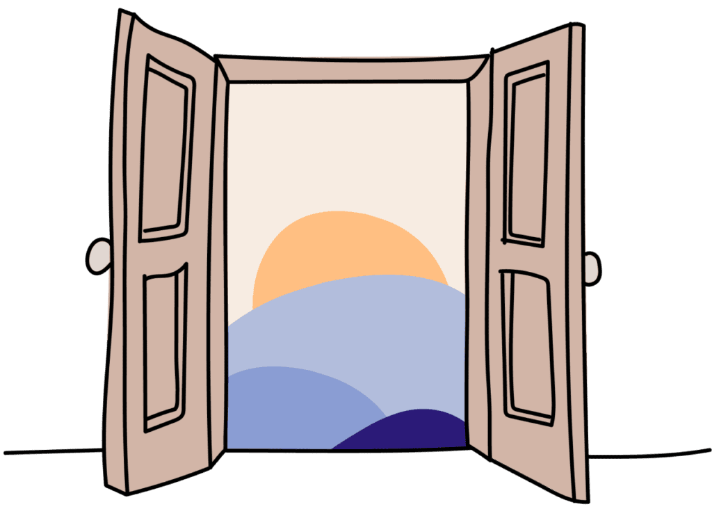 Illustration of open doors and a sunrise