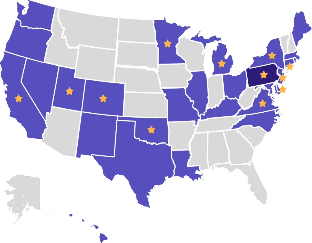 Map showing the Automatic Record Clearance landscape, indicating states where Code for America has advicsd on policy, other states with automatic record clearance policies, and states where automatic record clearance policy has been passed