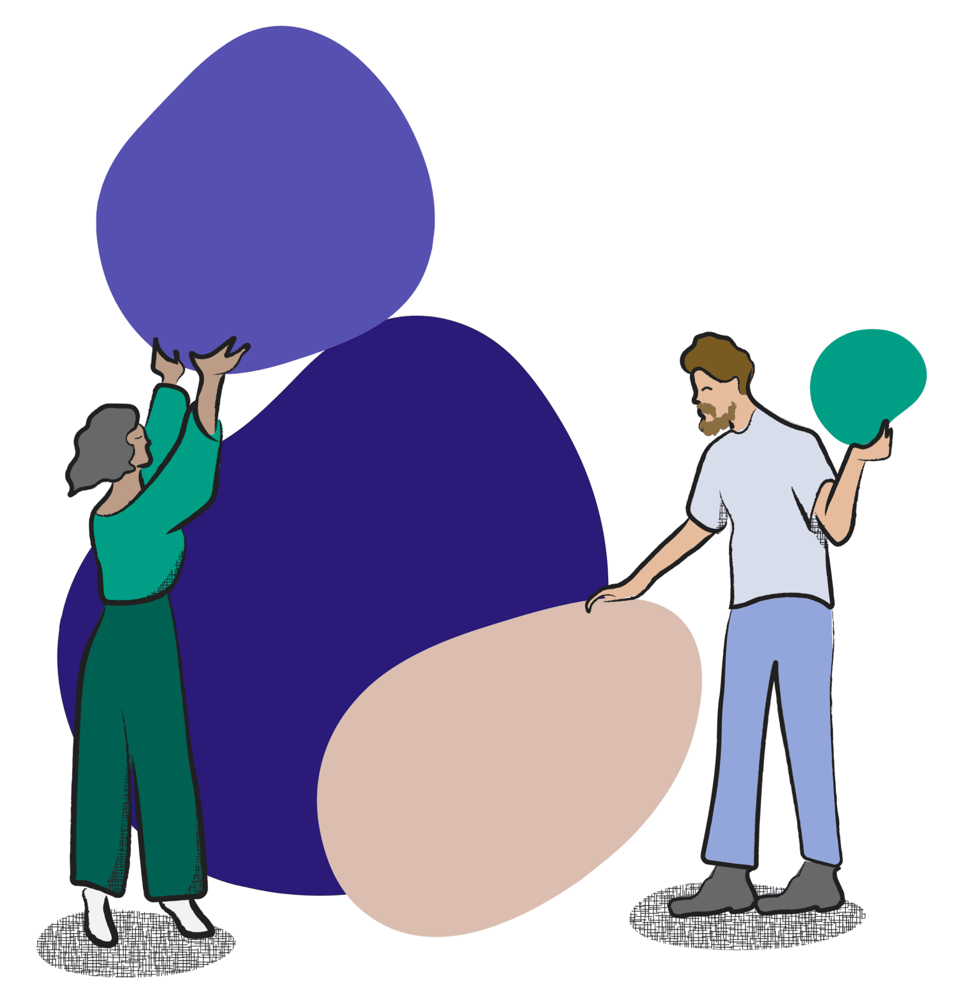 Two people building a structure with blob shapes