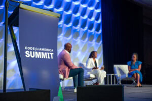 Three speakers on the Code for America Summit mainstage
