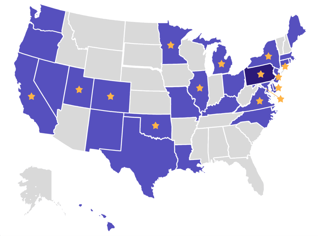 Map showing the Automatic Record Clearance landscape, indicating states where Code for America has advised on either policy and/or implementation, other states with automatic record clearance policies, and states where automatic record clearance policy has been passed