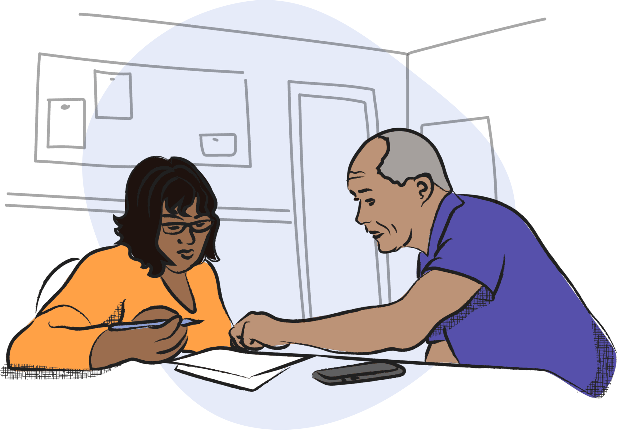 Illustration showing people helping with paperwork