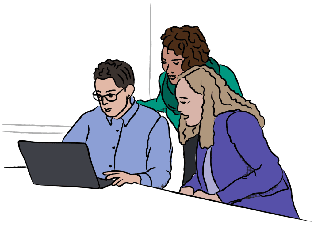 An illustration of three people collaborating as they look at a laptop together