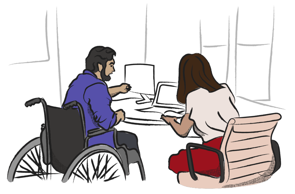 Illustration of two people seated at a table one on a wheelchair pointing at a computer, the other reviewing paperwork
