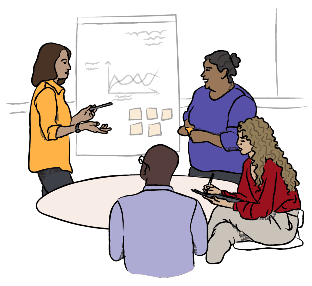 An illustration of a group collaborating at a whiteboard brainstorming