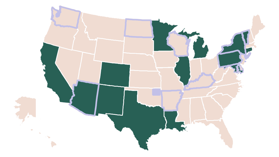 A map of the United States highlight the current and former states where Code for America has had safety net partnerships and/or Summer EBT Partnerships.
Current & former social safety net partners: AZ, CA, CO, CT, IL, LA, MD, MN, NM, NY, TX, and Washington, D.C.
Summer EBT Partners: