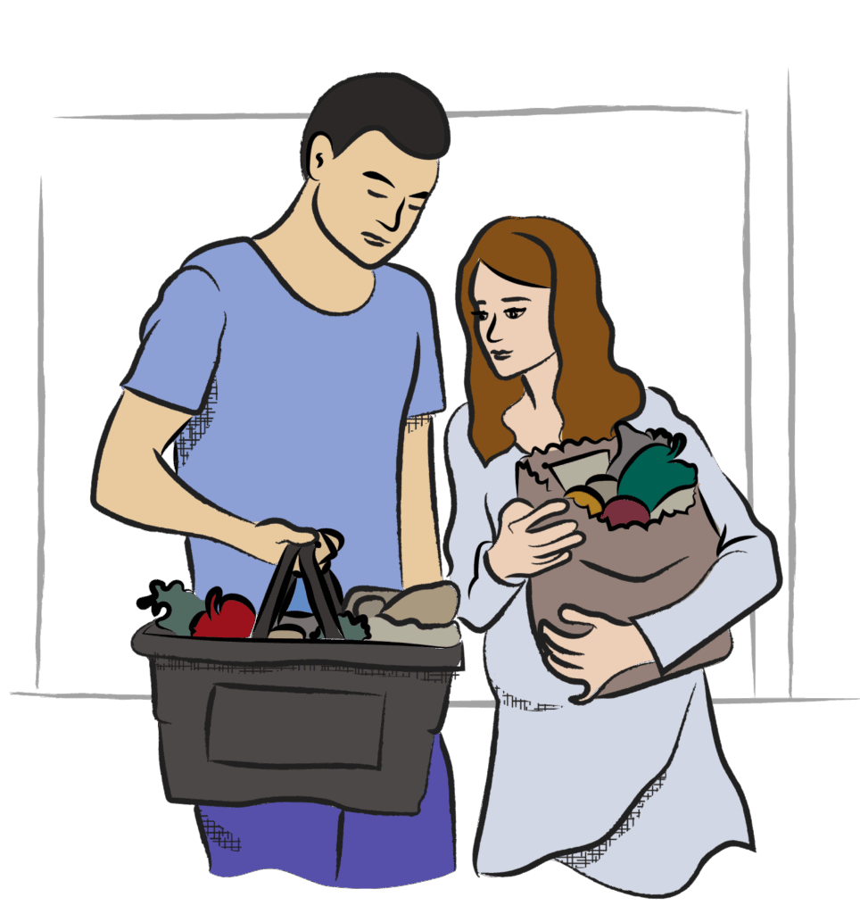 An illustration of a couple with groceries