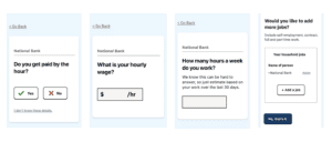 Four screenshots from an online public benefits application that let the person filling it out indicate if a job they have pays by the hour, that job's hourly wage, hours they work per week at that job, and if the person has any other jobs to add to the application.