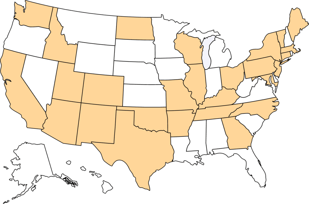 Simple map of the United States showing in yellow the states and districts that Code for America worked in in 2025