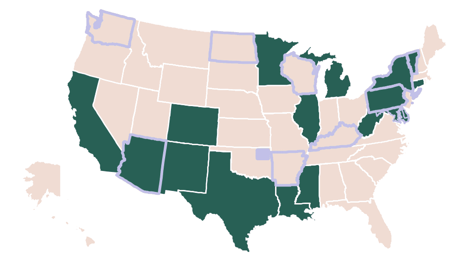 Map of the U.S. with the state's we've partnered with through the Safety Net Innovation Lab highlighted.  