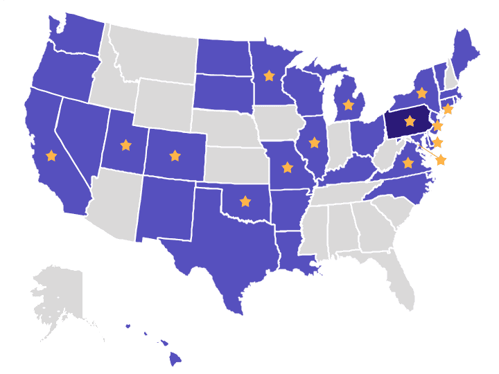 Map showing the Automatic Record Clearance landscape, indicating states where Code for America has advised on either policy and/or implementation, other states with automatic record clearance policies, and states where automatic record clearance policy has been passed. We have provided automatic record sealing policy design and implementation support in more than 30 states including 13 of the 14 states and DC that have passed Clean Slate laws.