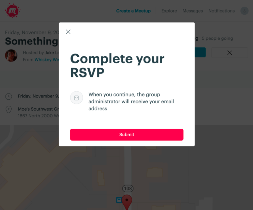 On a page of meetup.com, a pop-up modal window reads
